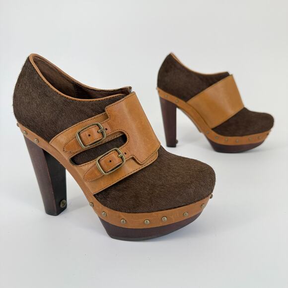UGG Clog Illana Calf Hair Retro 70s Boho Booties Platform Heels Buckle Size 6.5 - Picture 1 of 11
